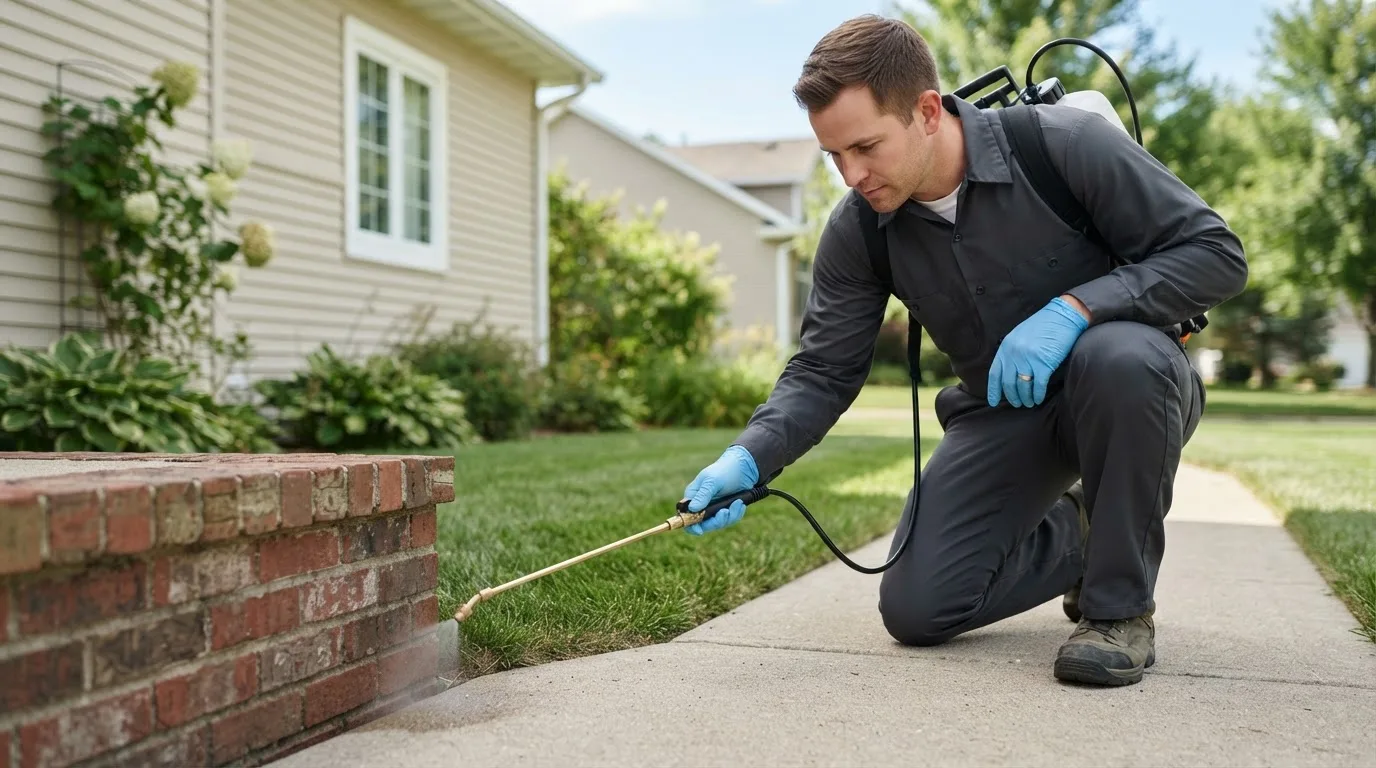 Pest control technician treating a home near Whittemore, MI