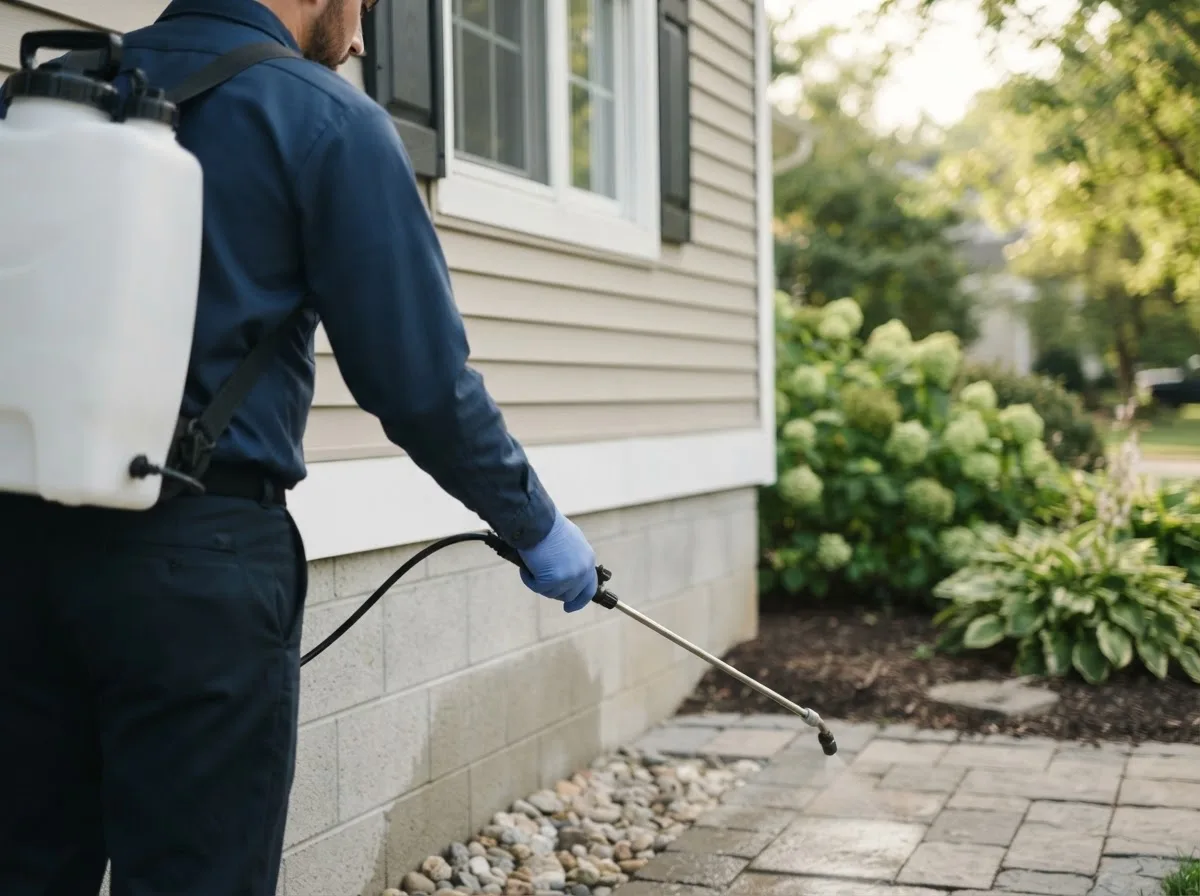 Pest control technician inspecting a home in Whittemore, MI